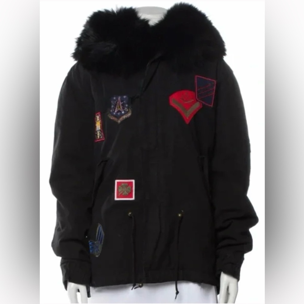 Mr & Mrs Italy Military Parka  Raccoon fur hood. Lined in Rabbit fur. Size L.